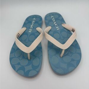 Coach Signature C Logo Flip Flops Thong Sandals Blue White Beach Monogram Rubber